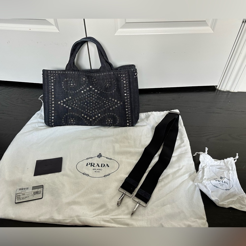 Prada Limited Edition Denim Studded Bag Tote Diaper Bag Beach - Picture 5 of 8